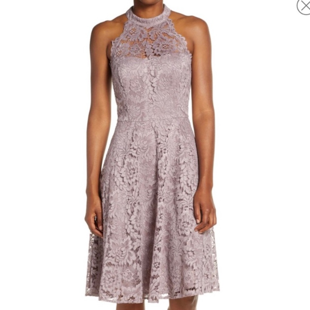 Mauve Grey Halter Neck Lace Fit & Flare Dress